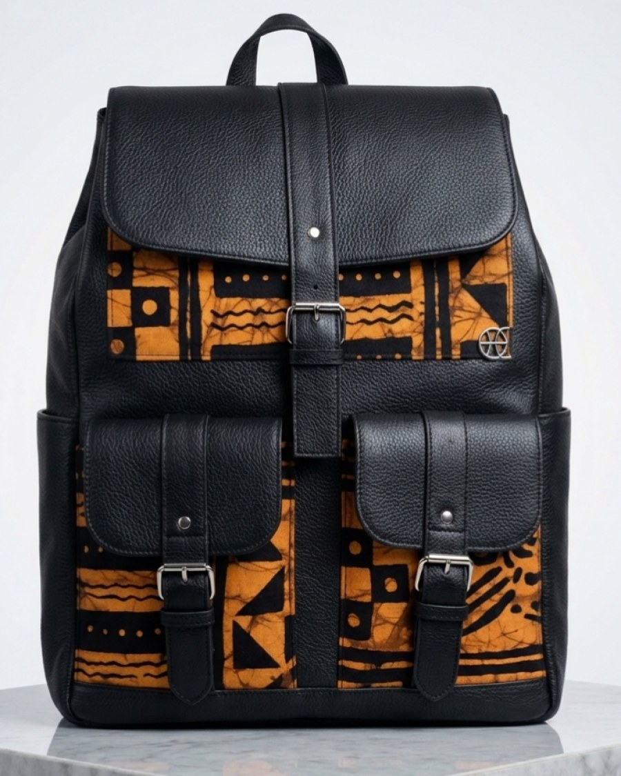 African Mudcloth Accent Black Leather Backpack